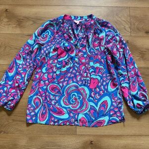 Lilly Pulitzer Elsa Silk Top M Reel Me In Blue Pink Long Sleeve Blouse